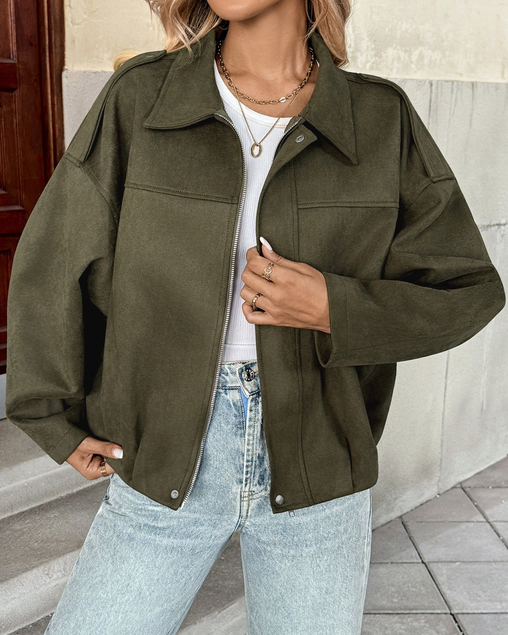 Oversized Suede Effect Collared Zip Jacket - Green - 2