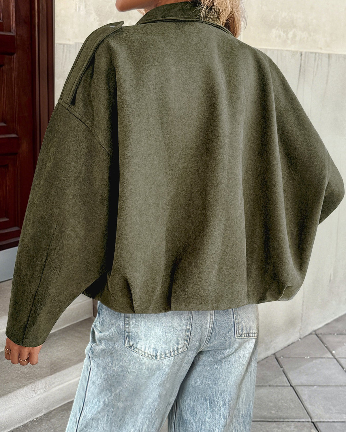 Oversized Suede Effect Collared Zip Jacket - Green - 3
