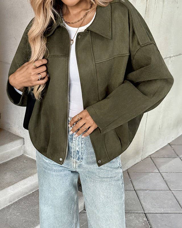 Oversized Suede Effect Collared Zip Jacket