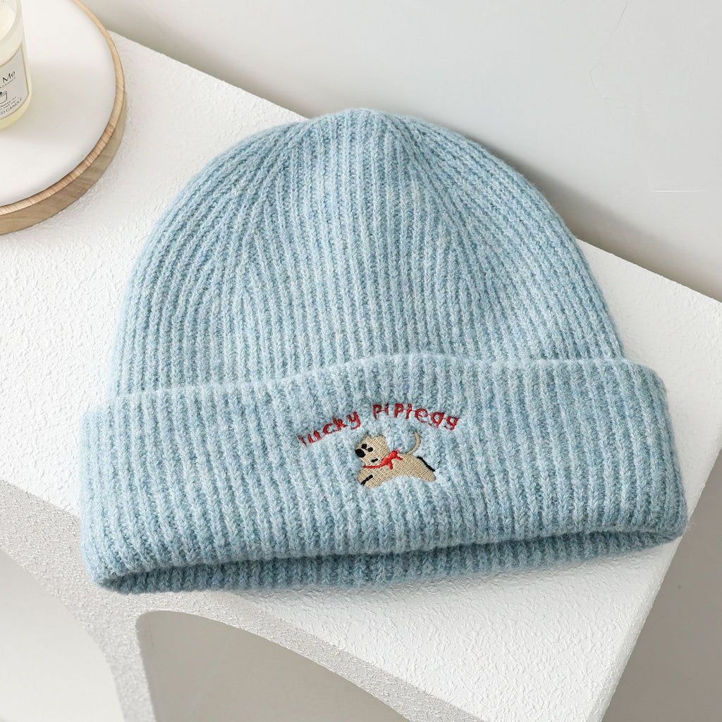 Embroidered Puppy Ribbed Knit Beanie Hat - Blue