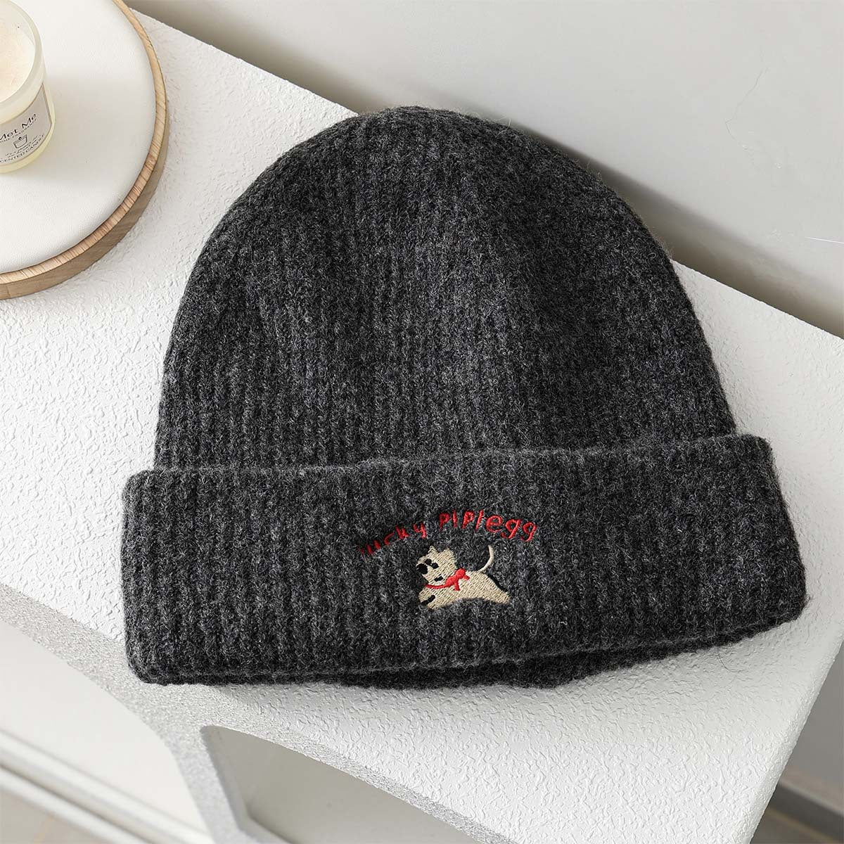Embroidered Puppy Ribbed Knit Beanie Hat - DarkGrey