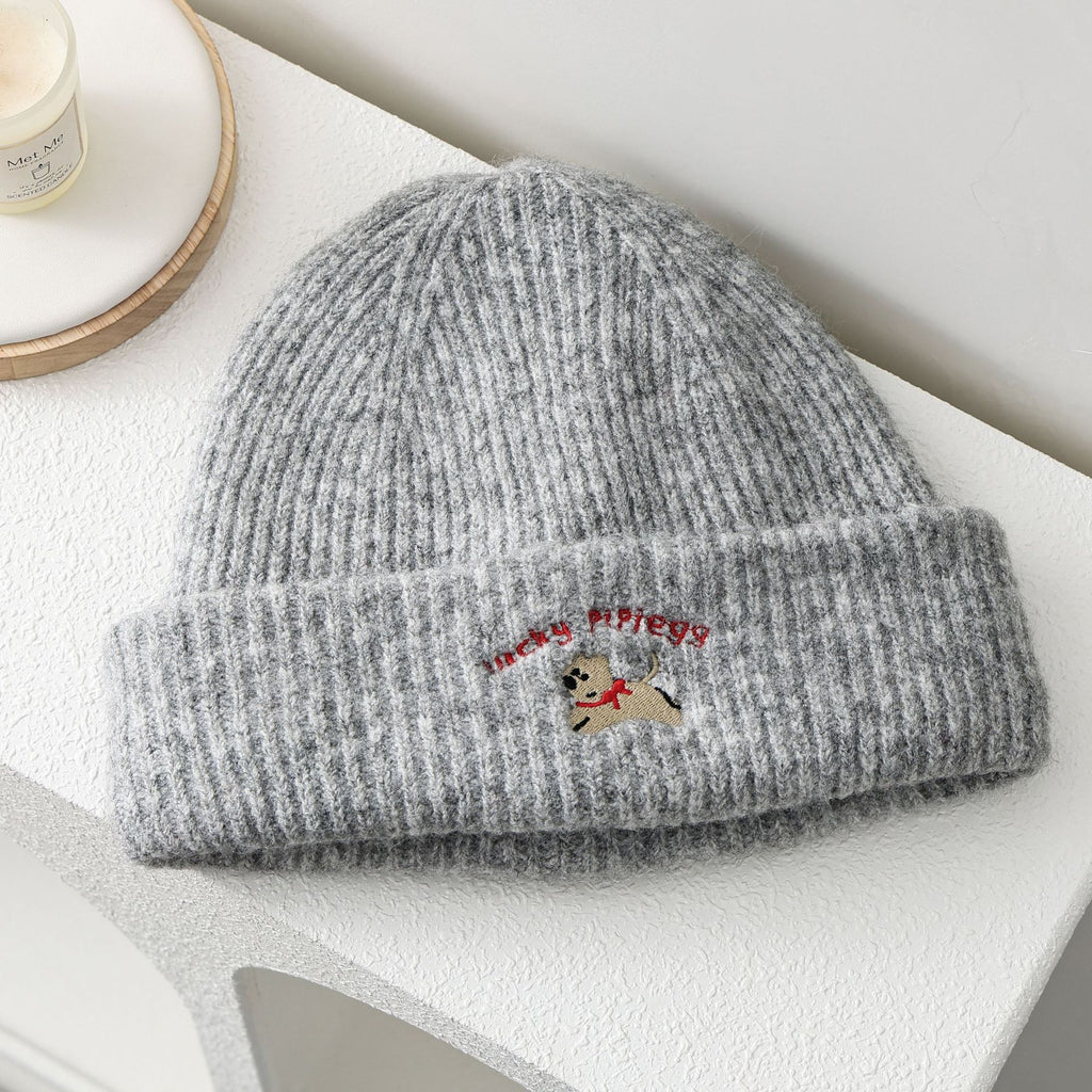 Embroidered Puppy Ribbed Knit Beanie Hat - Grey