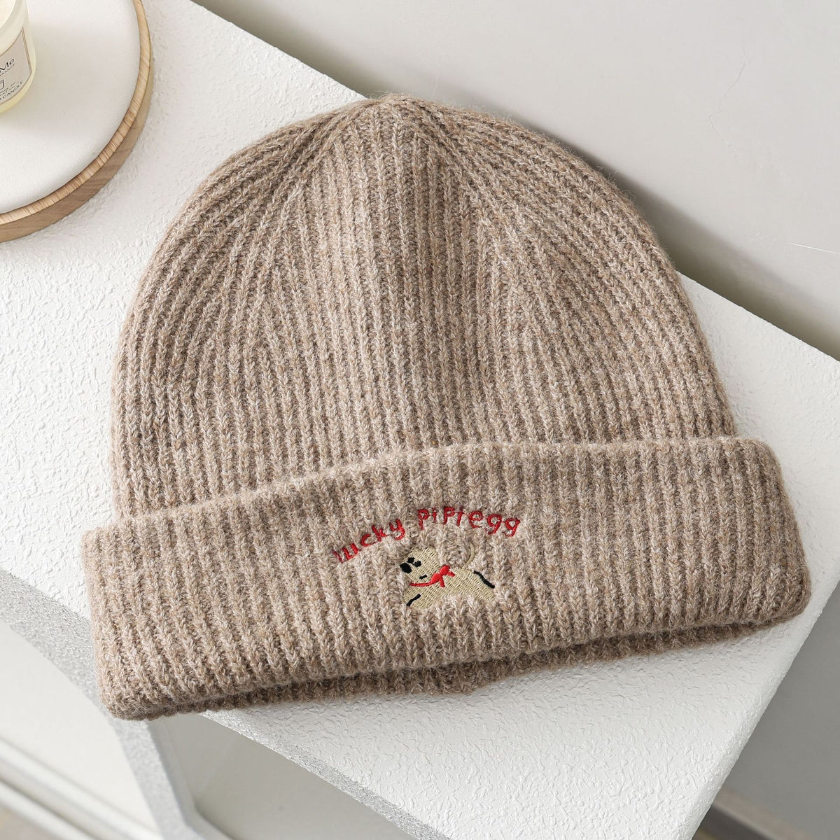 Embroidered Puppy Ribbed Knit Beanie Hat - Khaki