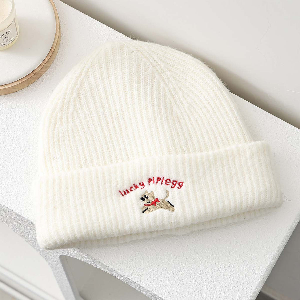 Embroidered Puppy Ribbed Knit Beanie Hat - White