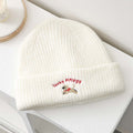 Embroidered Puppy Ribbed Knit Beanie Hat - White