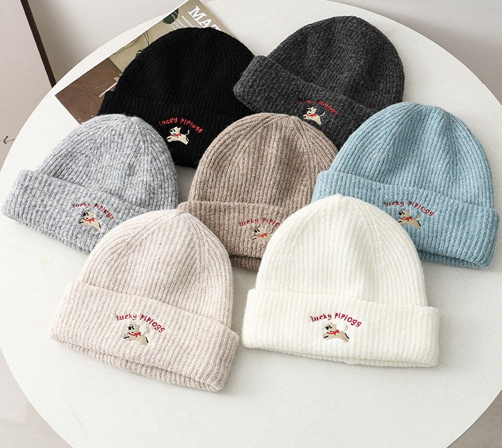 Embroidered Puppy Ribbed Knit Beanie Hat