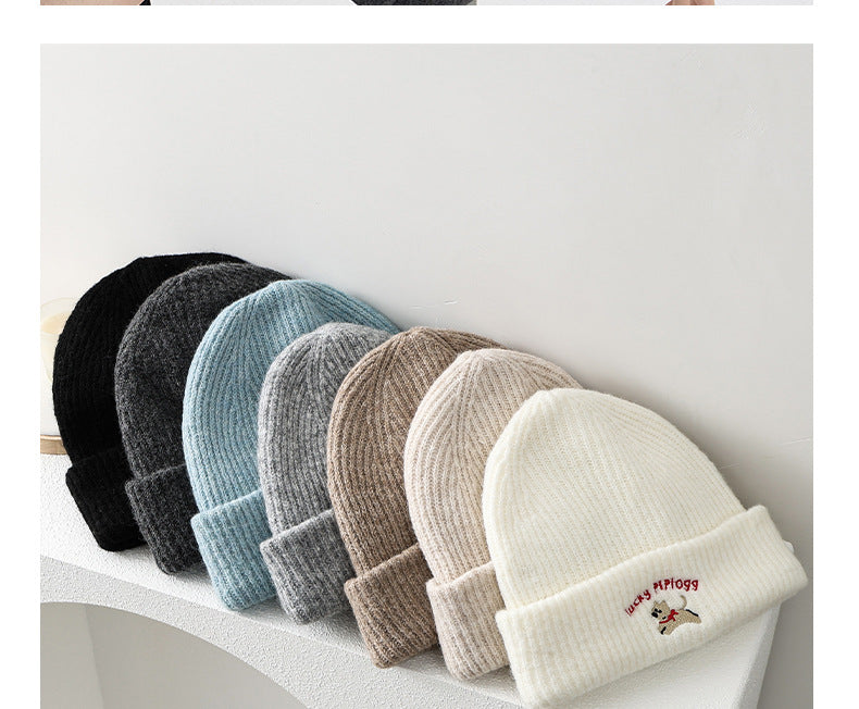 Embroidered Puppy Ribbed Knit Beanie Hat - view 1