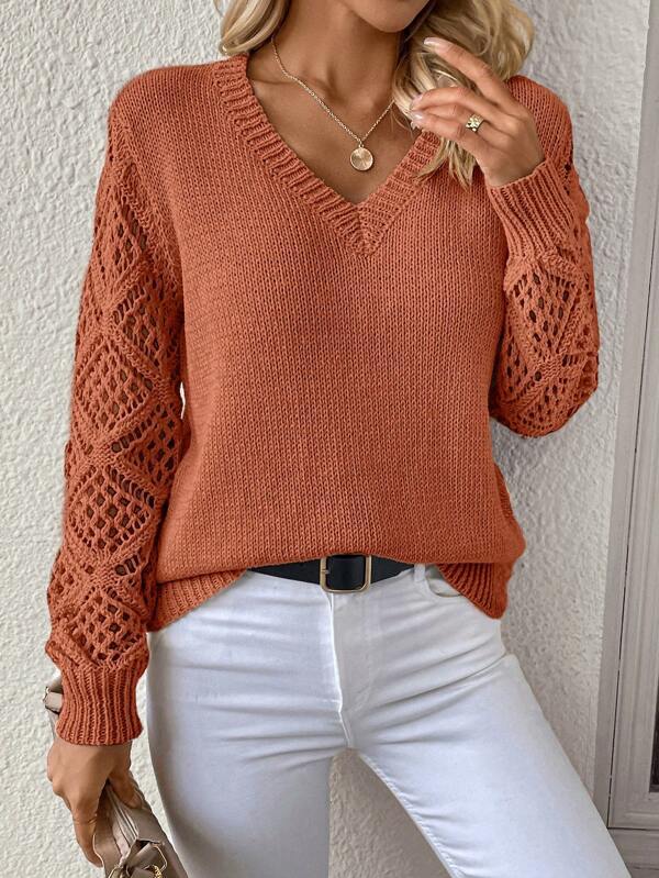 Pointelle Sleeve V-Neck Knit Sweater - Red