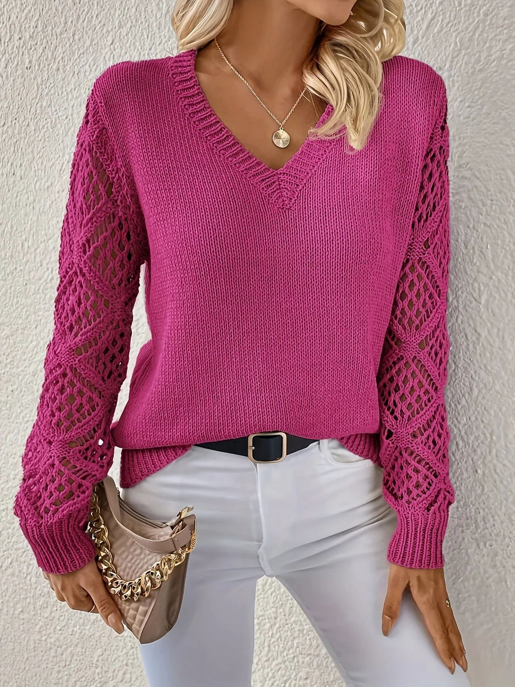Pointelle Sleeve V-Neck Knit Sweater - Rose