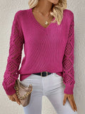 Pointelle Sleeve V-Neck Knit Sweater - Rose