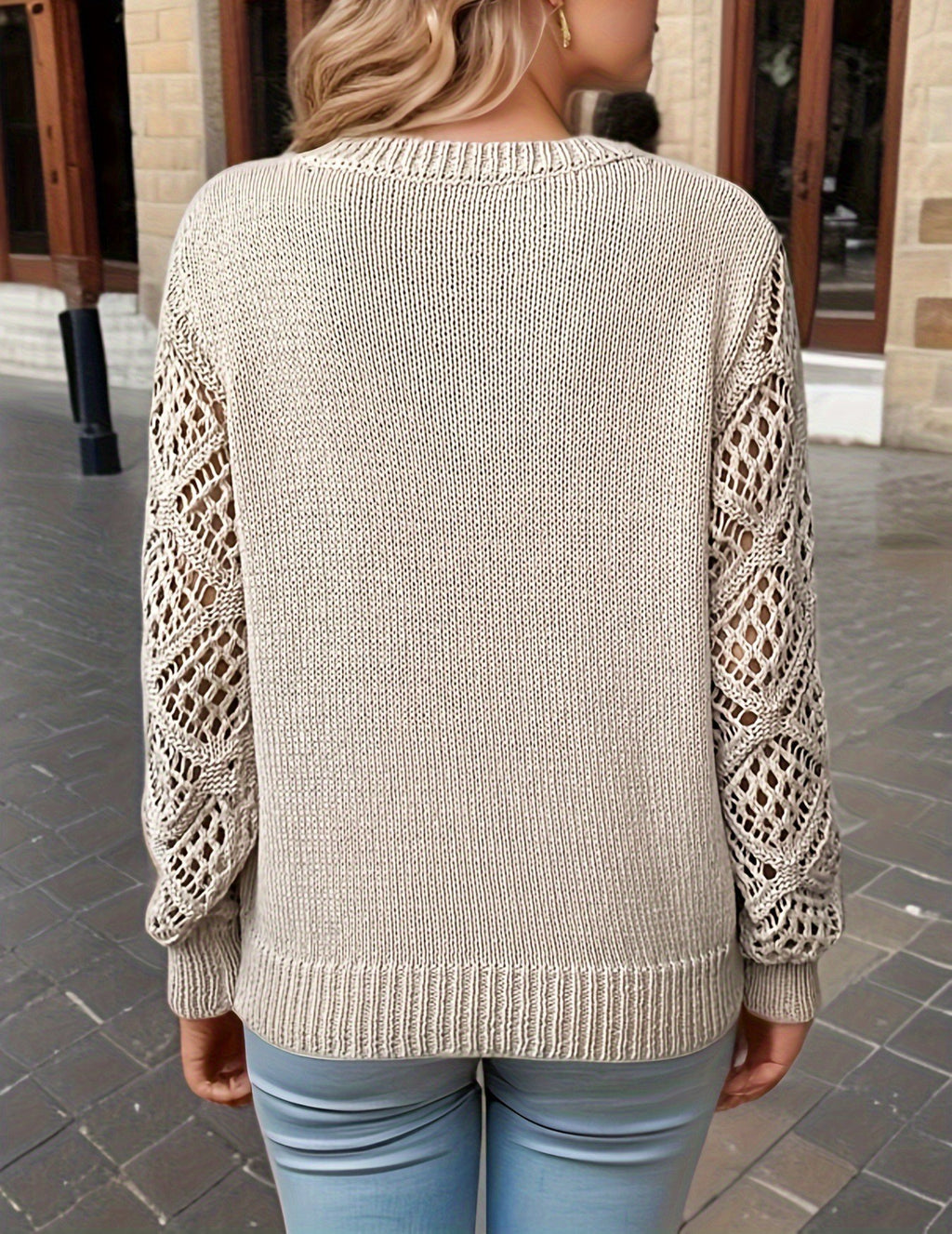 Pointelle Sleeve V-Neck Knit Sweater - view 2