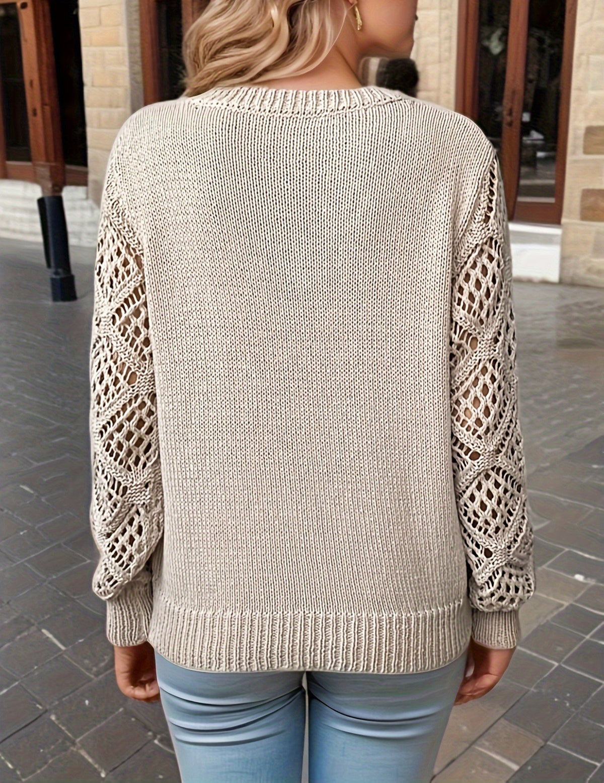 Pointelle Sleeve V-Neck Knit Sweater - view 2