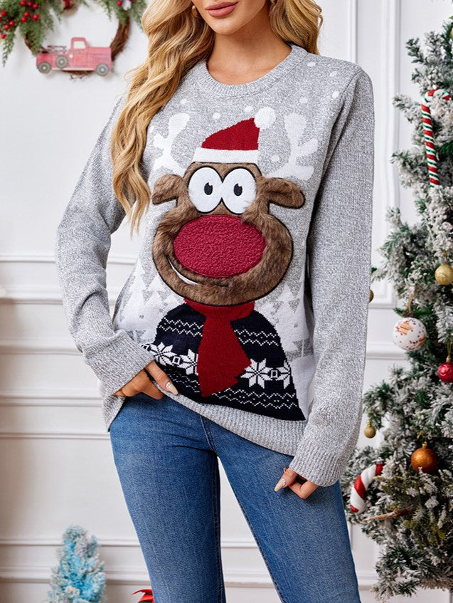 Reindeer Face Novelty Christmas Knit Sweater - Grey