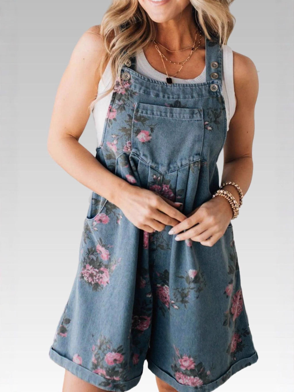 Cuffed Denim Short Overalls With Rose Print - Blue