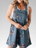 Cuffed Denim Short Overalls With Rose Print - Blue
