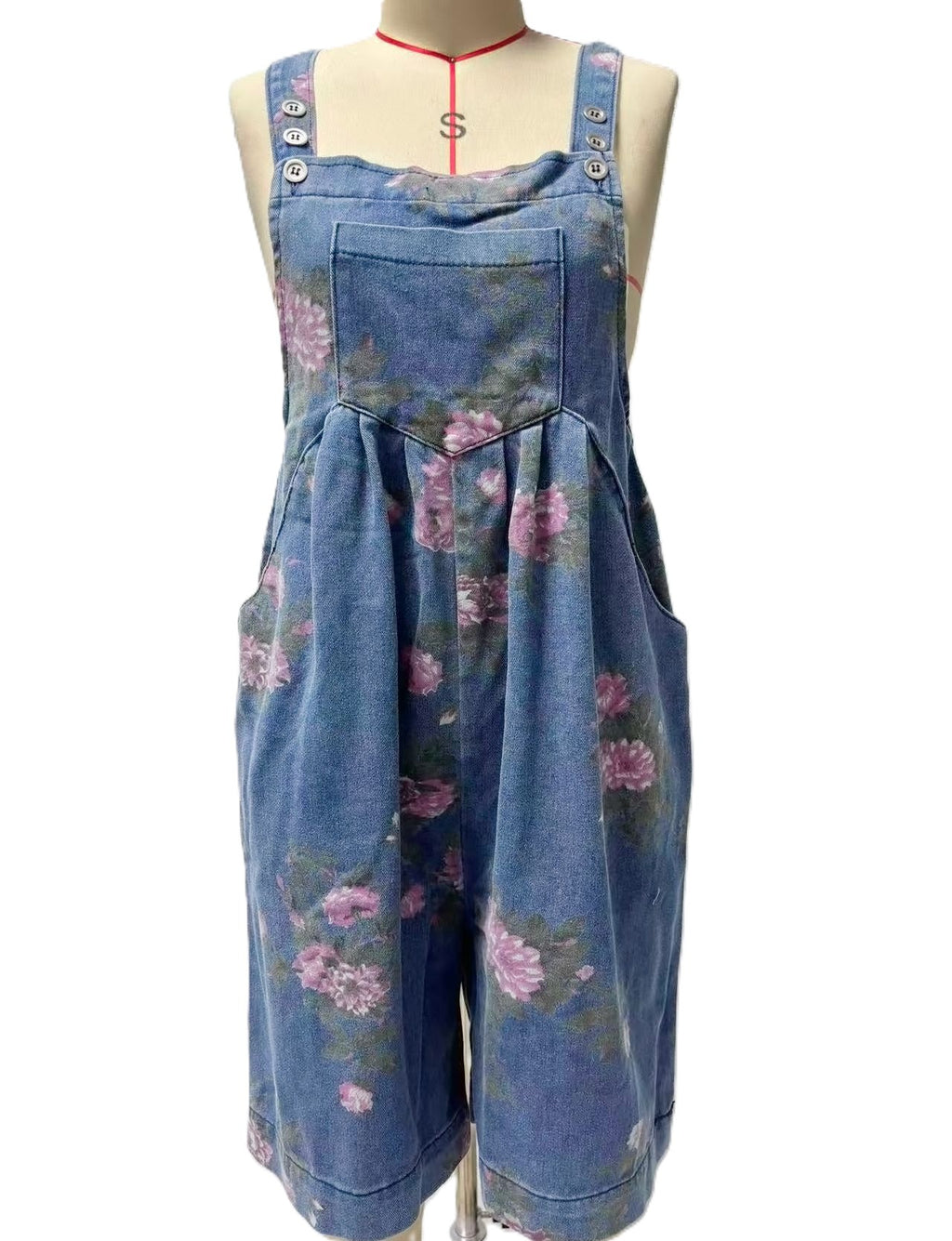 Cuffed Denim Short Overalls With Rose Print