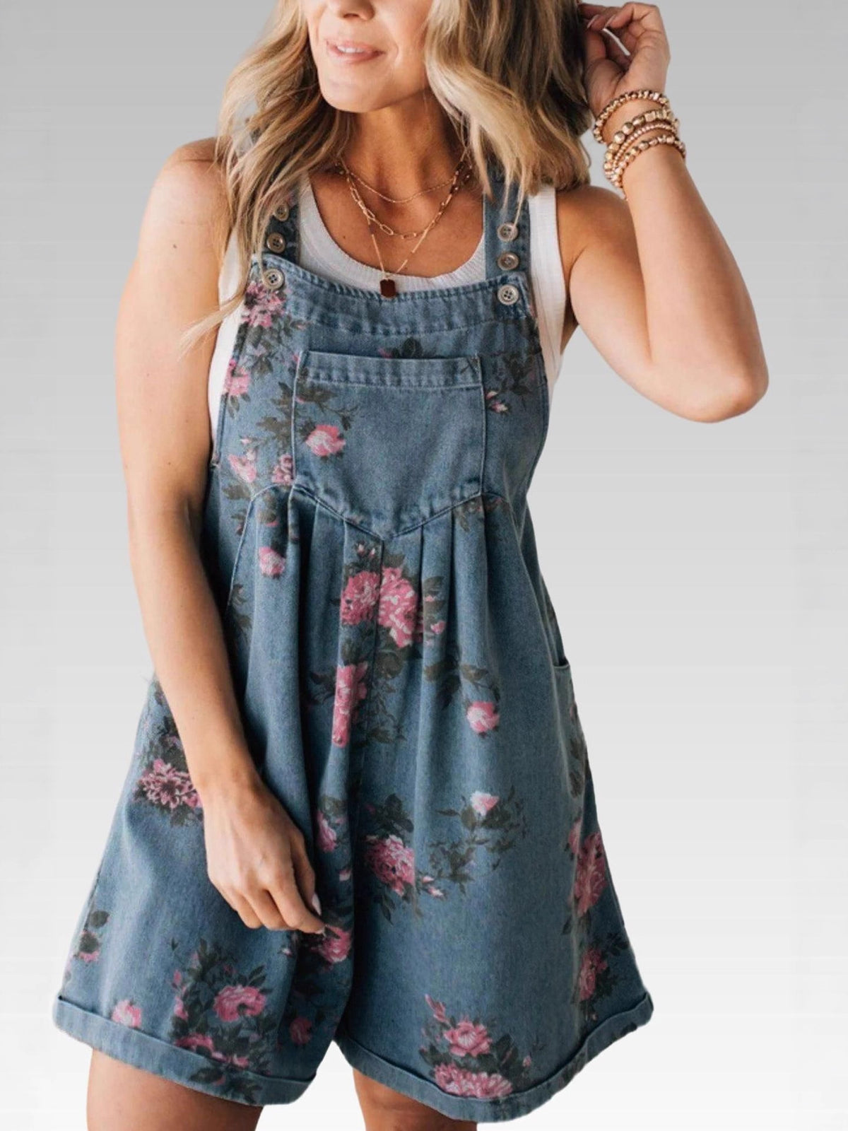 Cuffed Denim Short Overalls With Rose Print - view 1