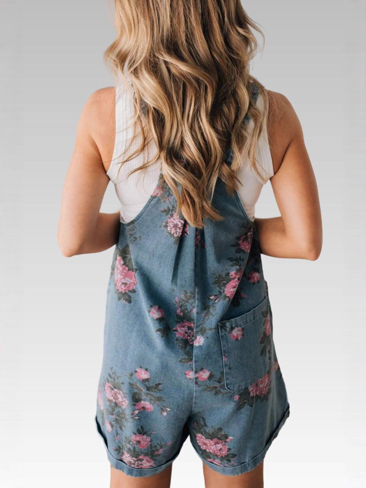 Cuffed Denim Short Overalls With Rose Print - view 2