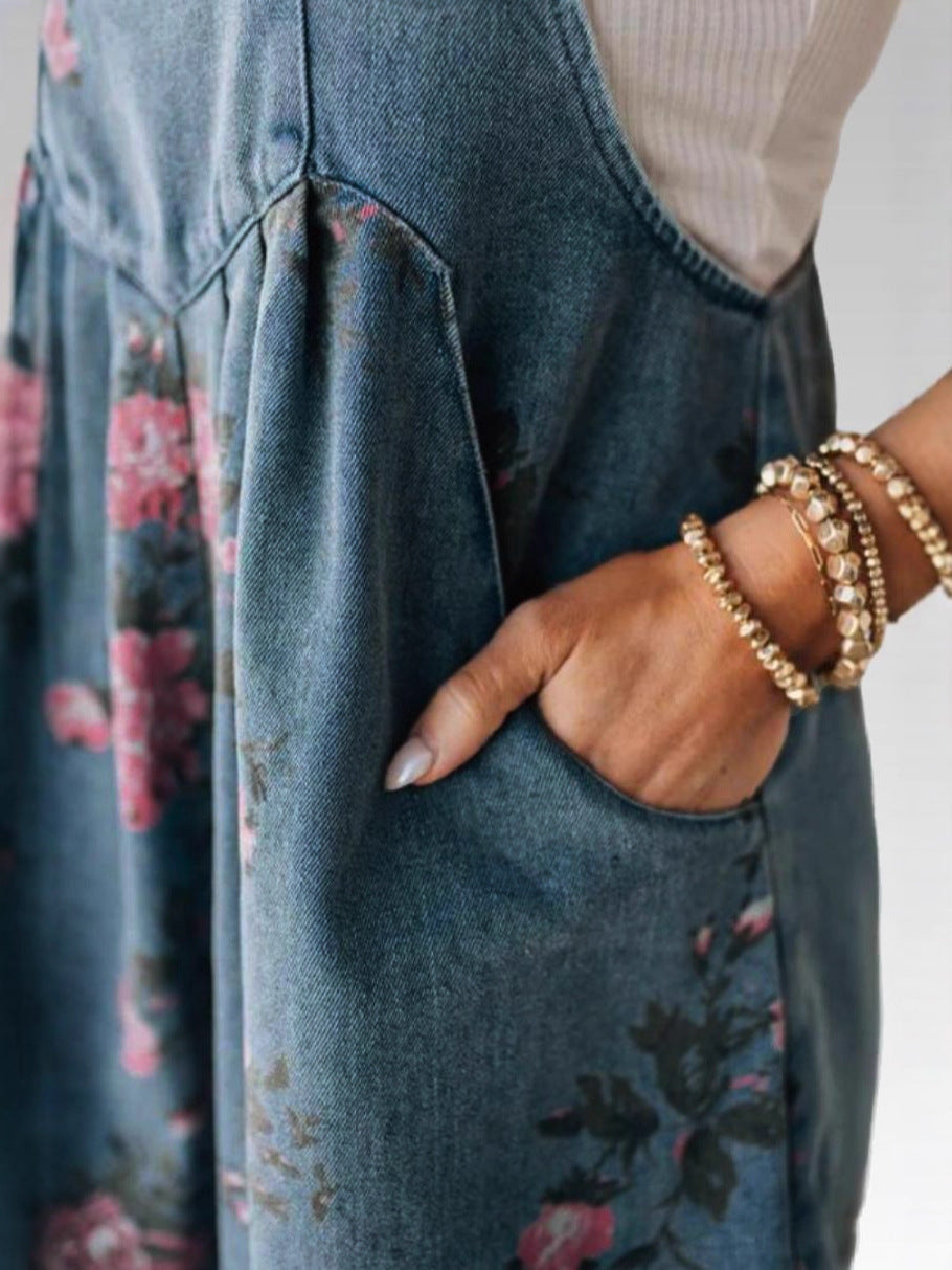 Cuffed Denim Short Overalls With Rose Print - view 3