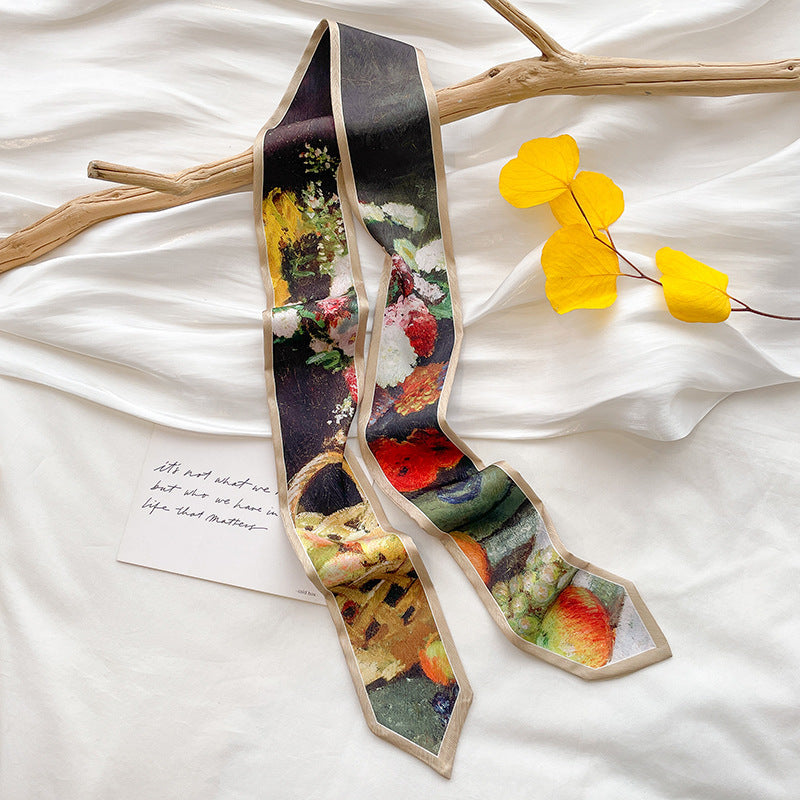 Painterly Floral Print Skinny Ribbon Scarf - C10