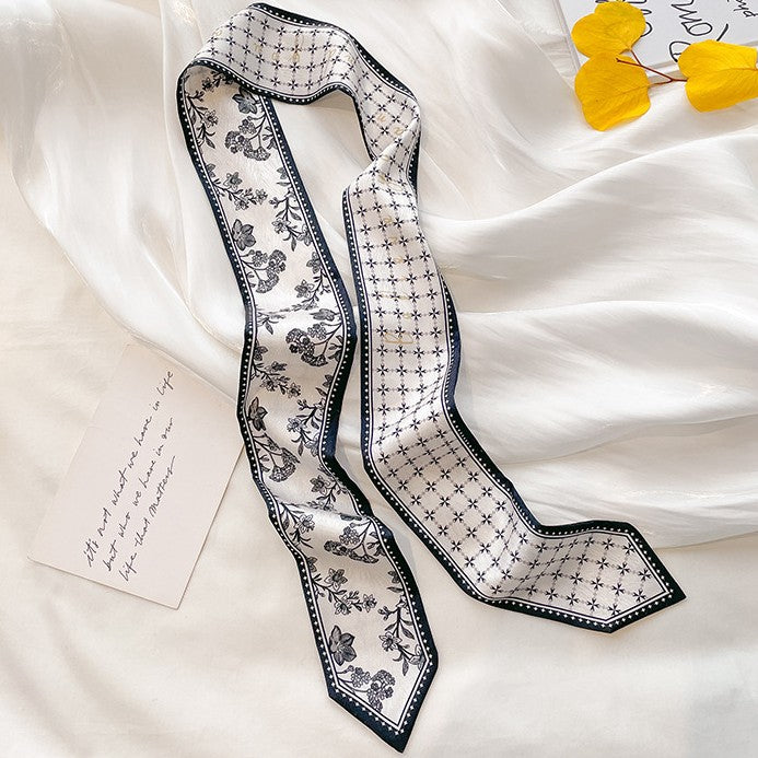 Painterly Floral Print Skinny Ribbon Scarf - C11