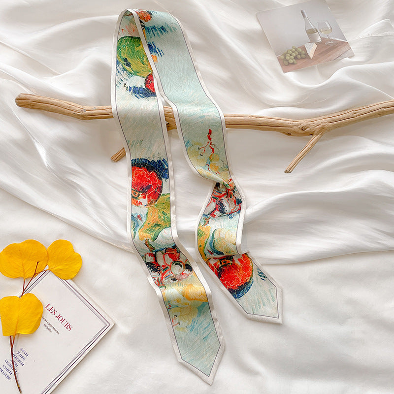 Painterly Floral Print Skinny Ribbon Scarf - C14