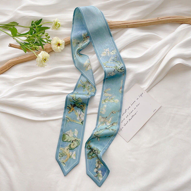 Painterly Floral Print Skinny Ribbon Scarf - C16