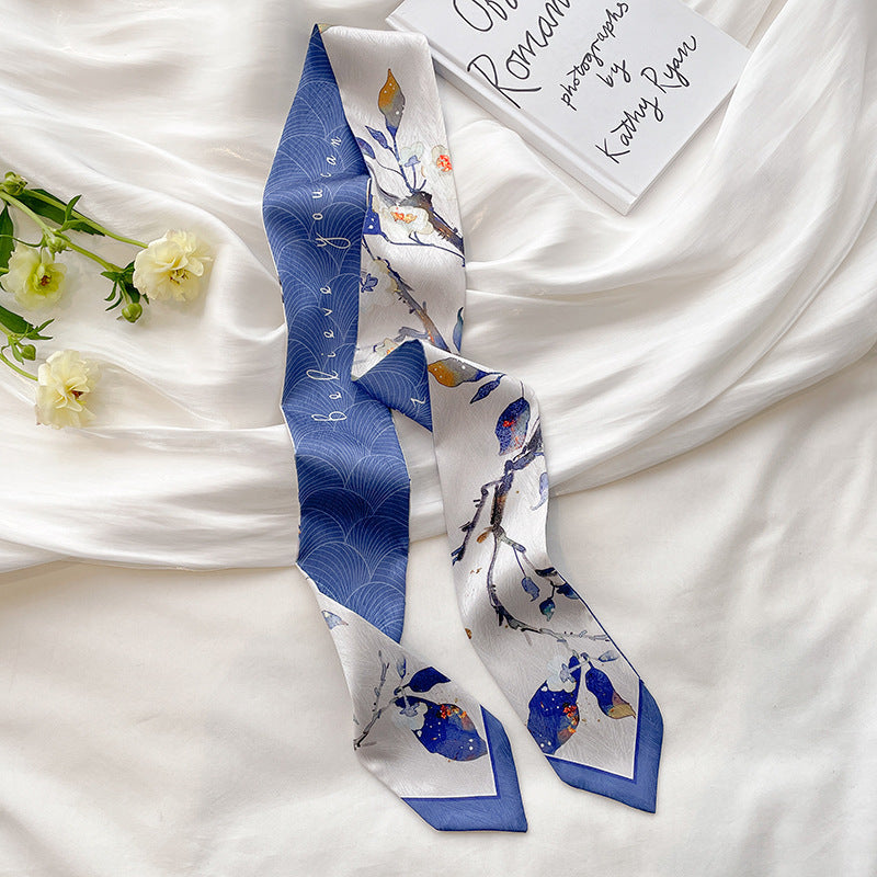Painterly Floral Print Skinny Ribbon Scarf - C17
