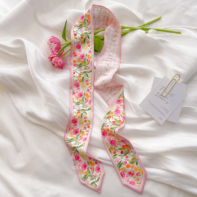 Painterly Floral Print Skinny Ribbon Scarf - C18
