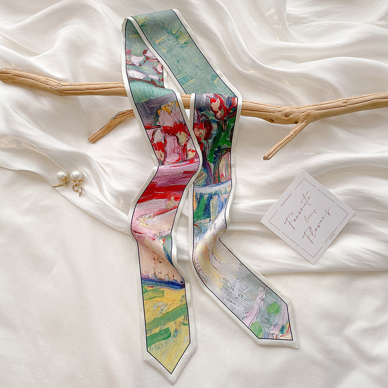 Painterly Floral Print Skinny Ribbon Scarf - C21