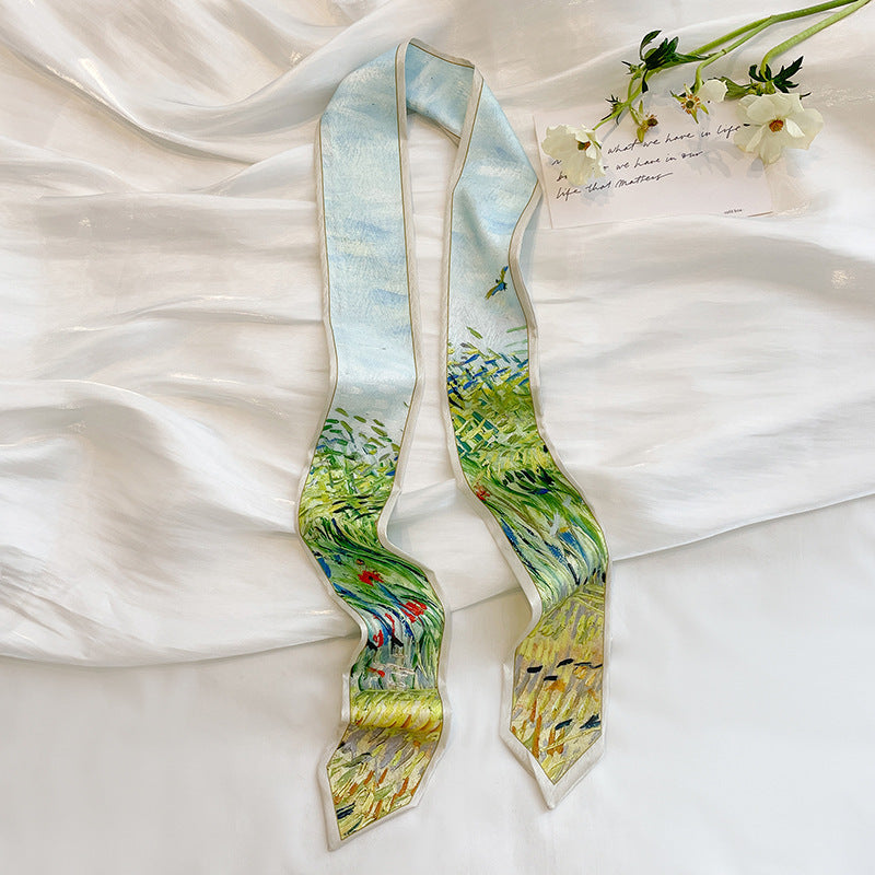 Painterly Floral Print Skinny Ribbon Scarf - C26