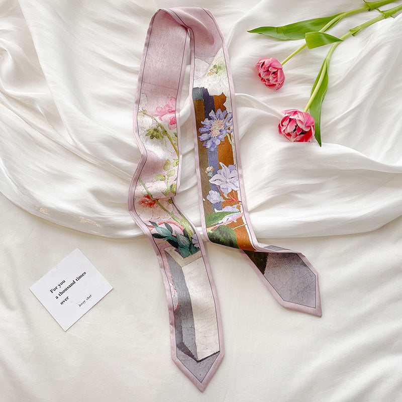 Painterly Floral Print Skinny Ribbon Scarf - C3