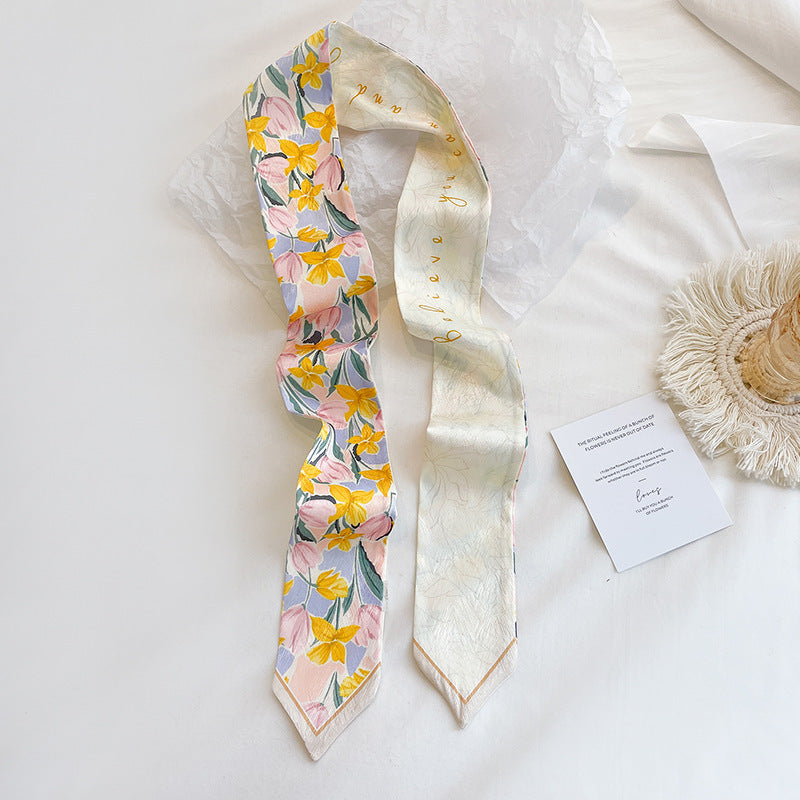 Painterly Floral Print Skinny Ribbon Scarf - C33
