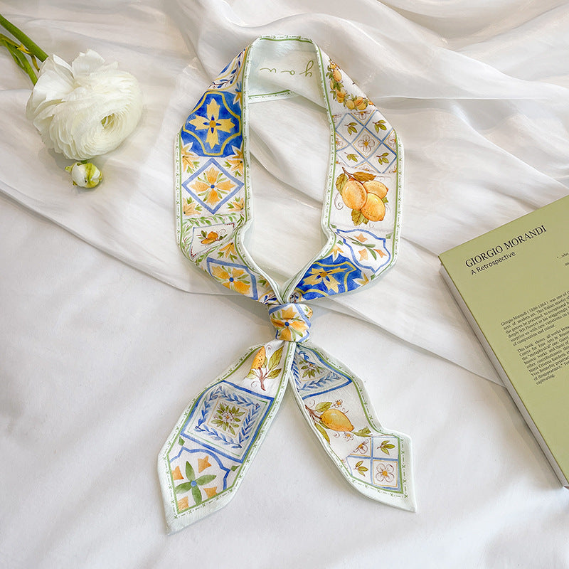 Painterly Floral Print Skinny Ribbon Scarf - C36
