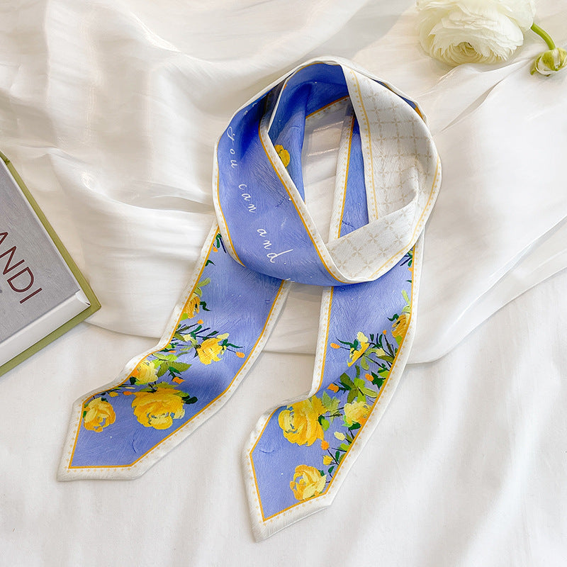 Painterly Floral Print Skinny Ribbon Scarf - C38
