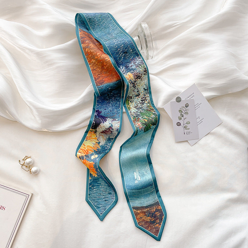Painterly Floral Print Skinny Ribbon Scarf - C4