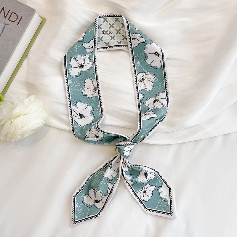 Painterly Floral Print Skinny Ribbon Scarf - C40