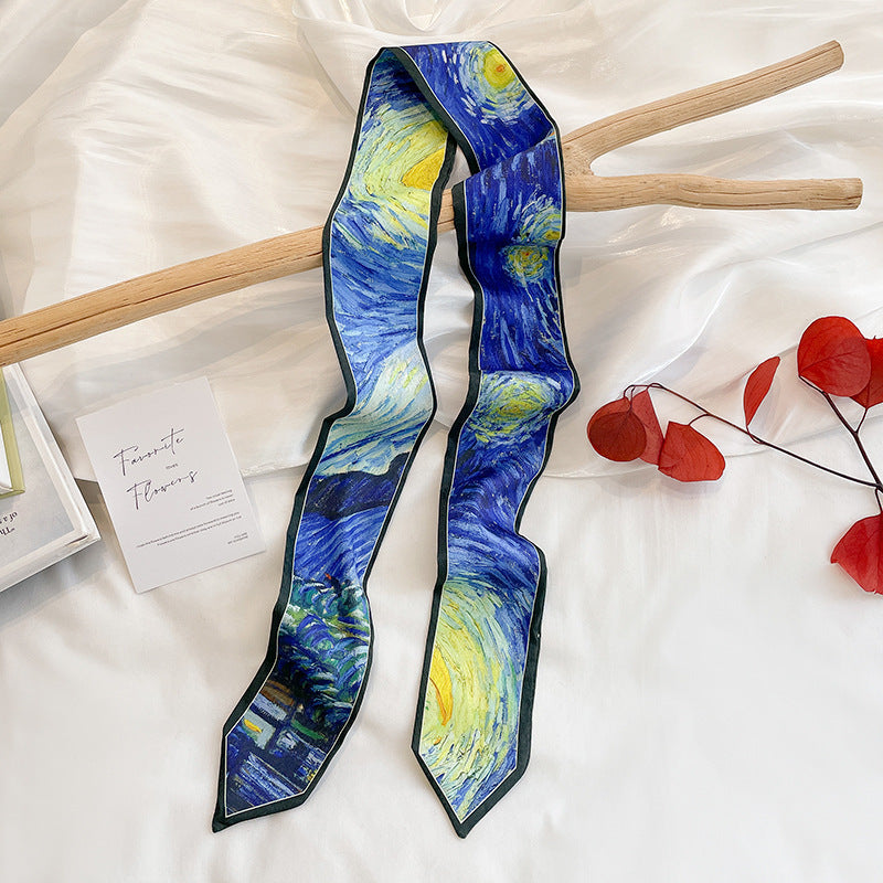 Painterly Floral Print Skinny Ribbon Scarf - C41