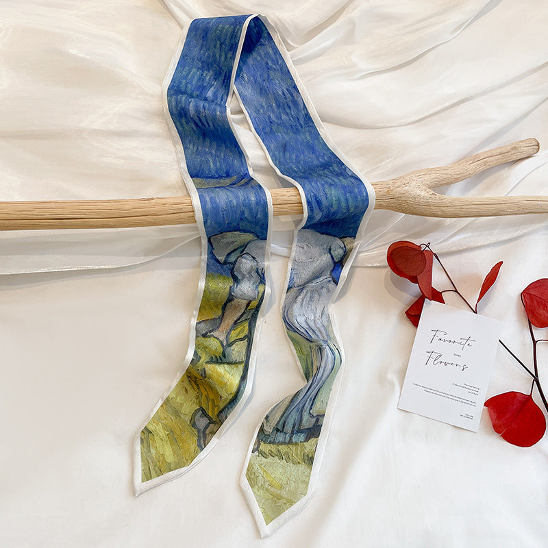 Painterly Floral Print Skinny Ribbon Scarf - C43