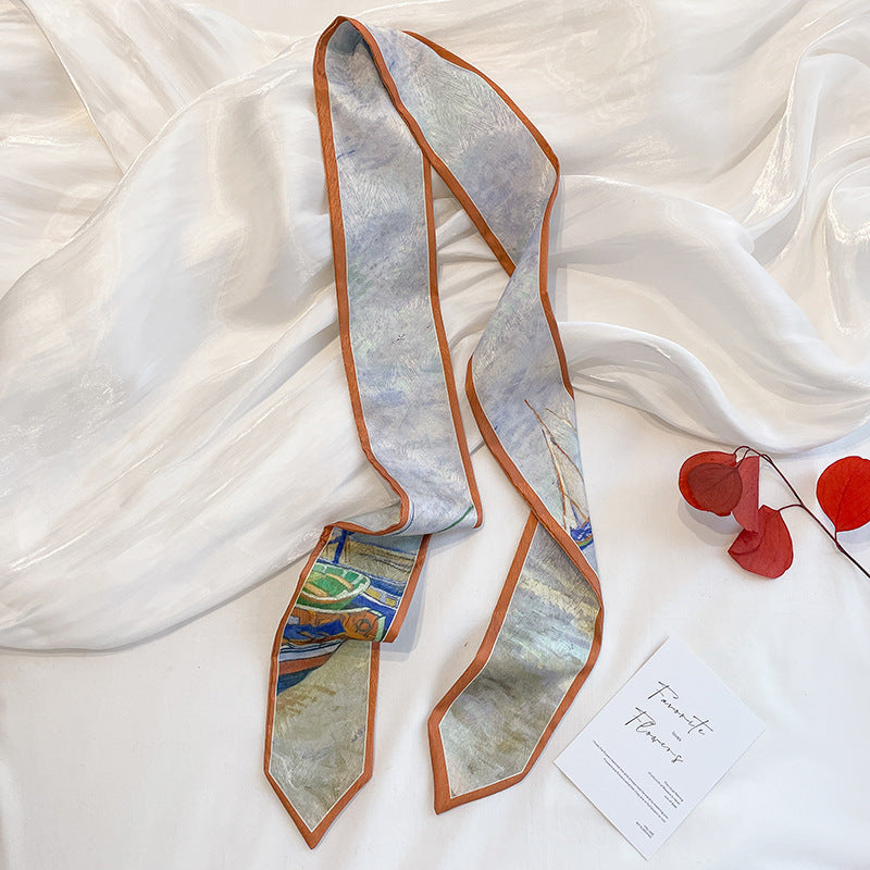 Painterly Floral Print Skinny Ribbon Scarf - C44