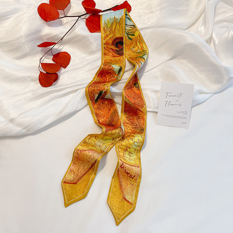 Painterly Floral Print Skinny Ribbon Scarf - C46