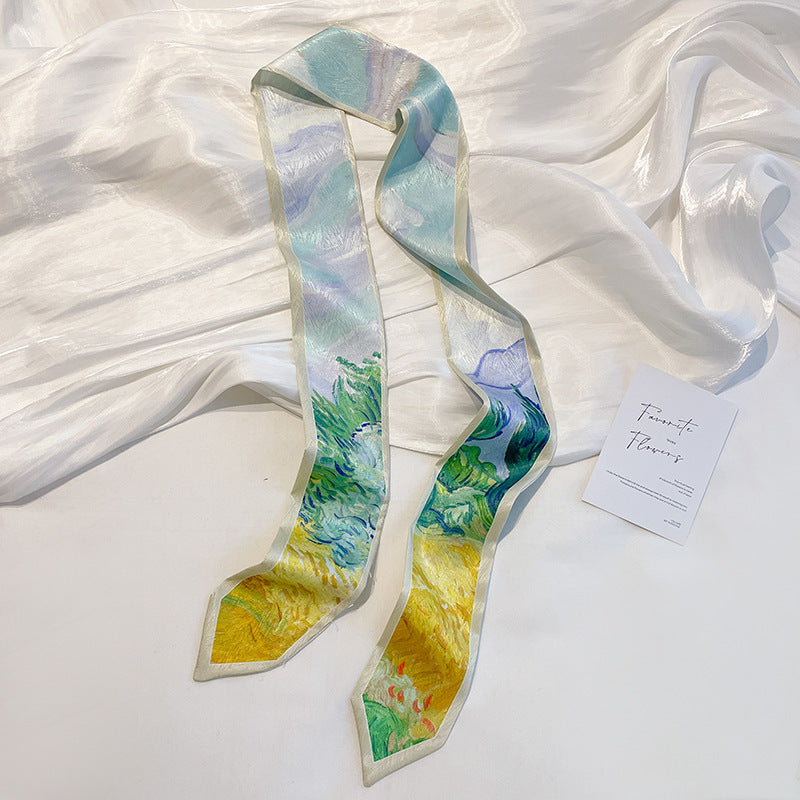Painterly Floral Print Skinny Ribbon Scarf - C47