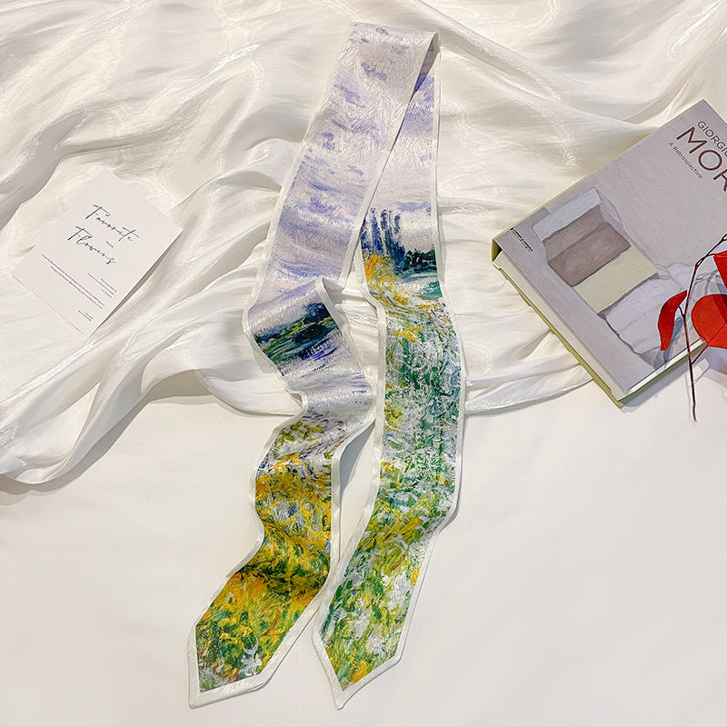 Painterly Floral Print Skinny Ribbon Scarf - C48