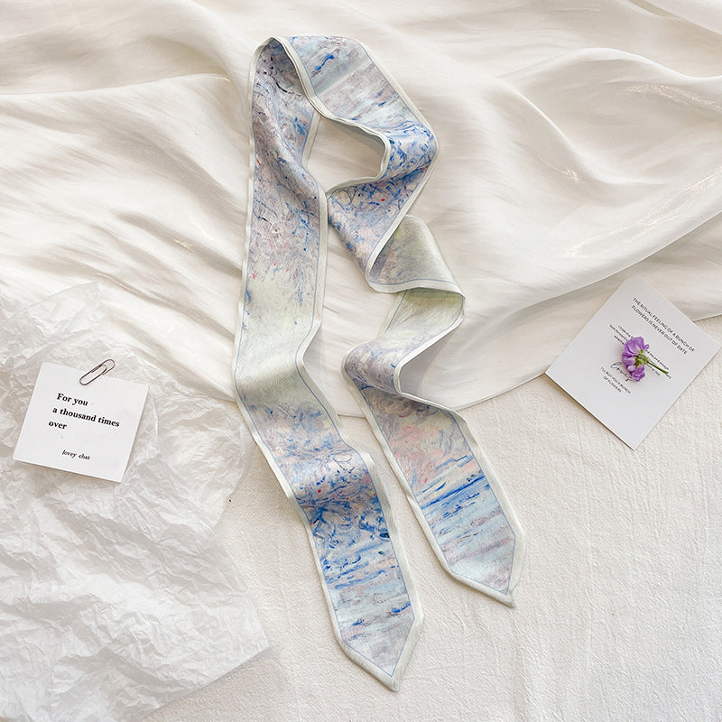 Painterly Floral Print Skinny Ribbon Scarf - C49