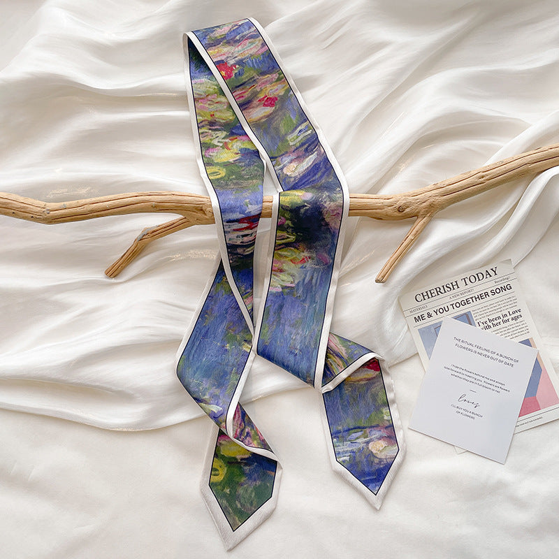 Painterly Floral Print Skinny Ribbon Scarf - C8