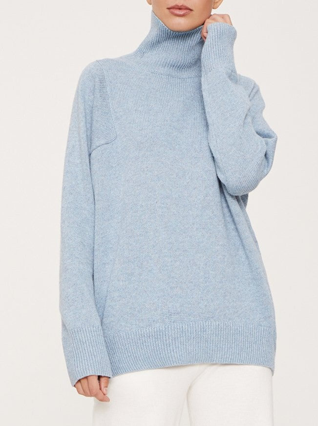 Slouchy Turtleneck Oversized Knit Sweater - Blue