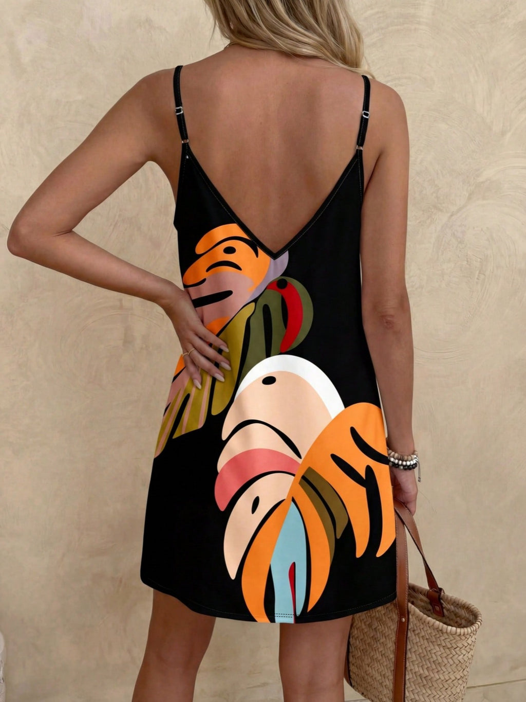 Printed V Neck Cami Beach Mini Dress - Black - 2