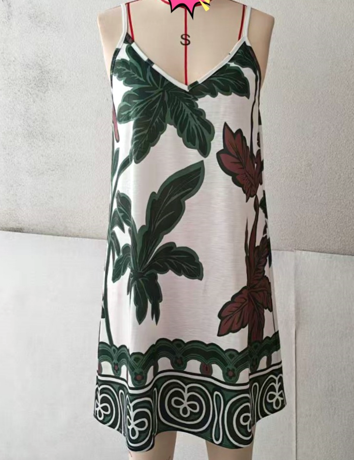 Printed V Neck Cami Beach Mini Dress - Green