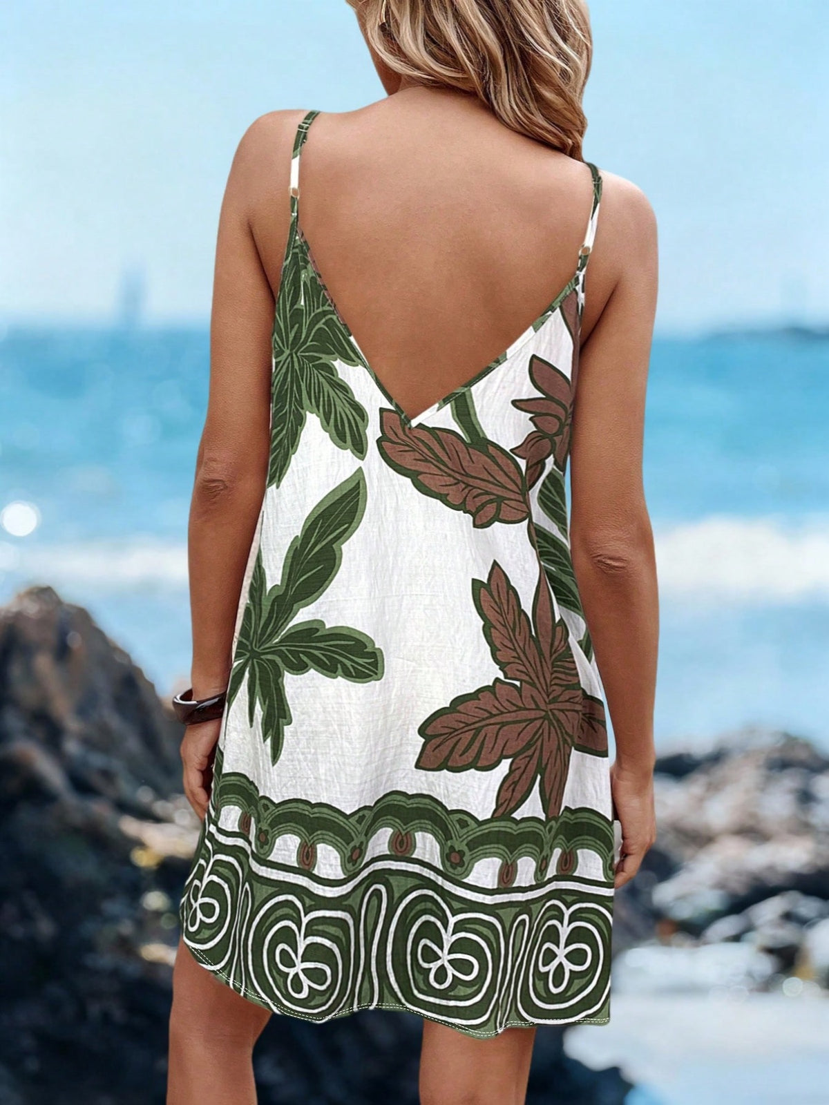 Printed V Neck Cami Beach Mini Dress - Green - 3