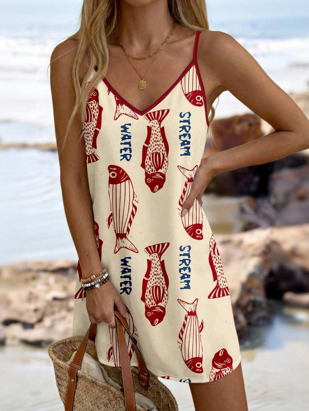 Printed V Neck Cami Beach Mini Dress - Yellow